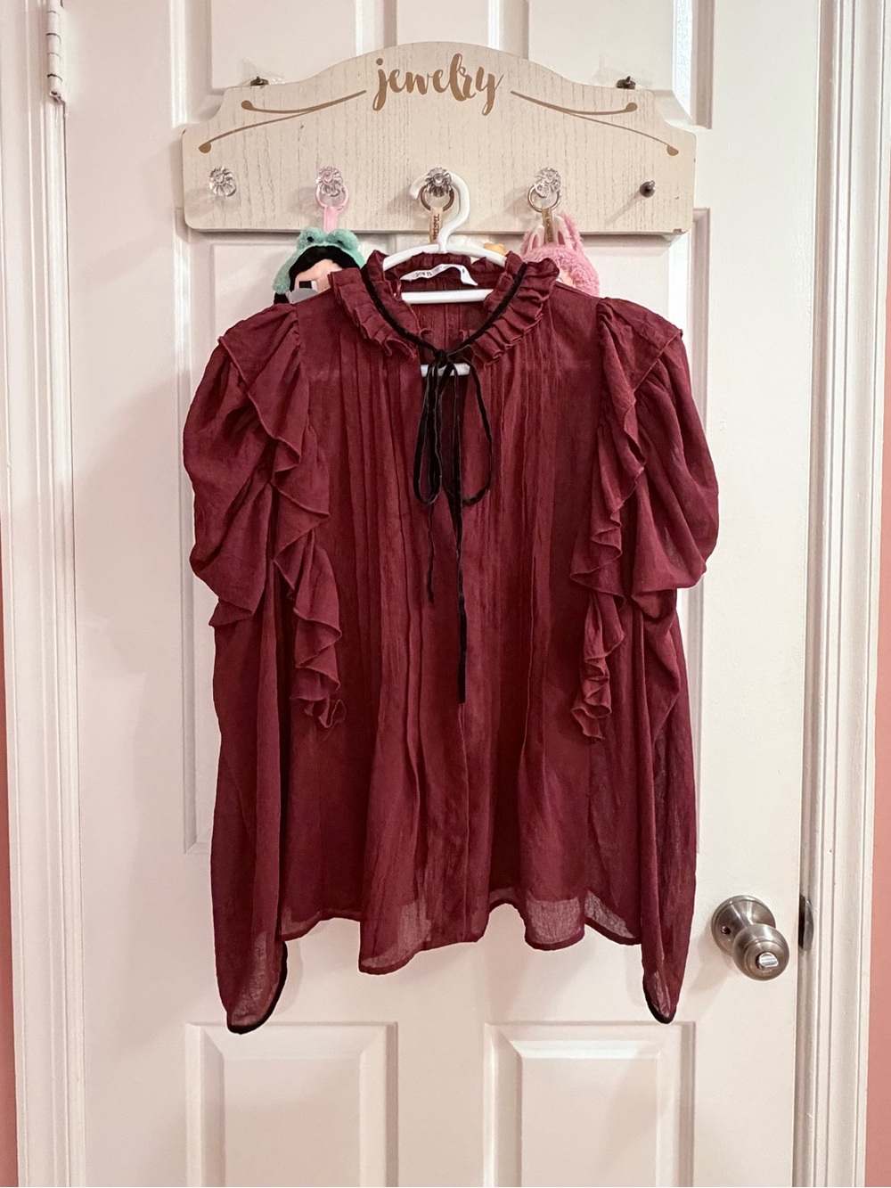 Zara Ruffled Tie-Neck Sheer Blouse - Burgundy - Picture 4 of 8
